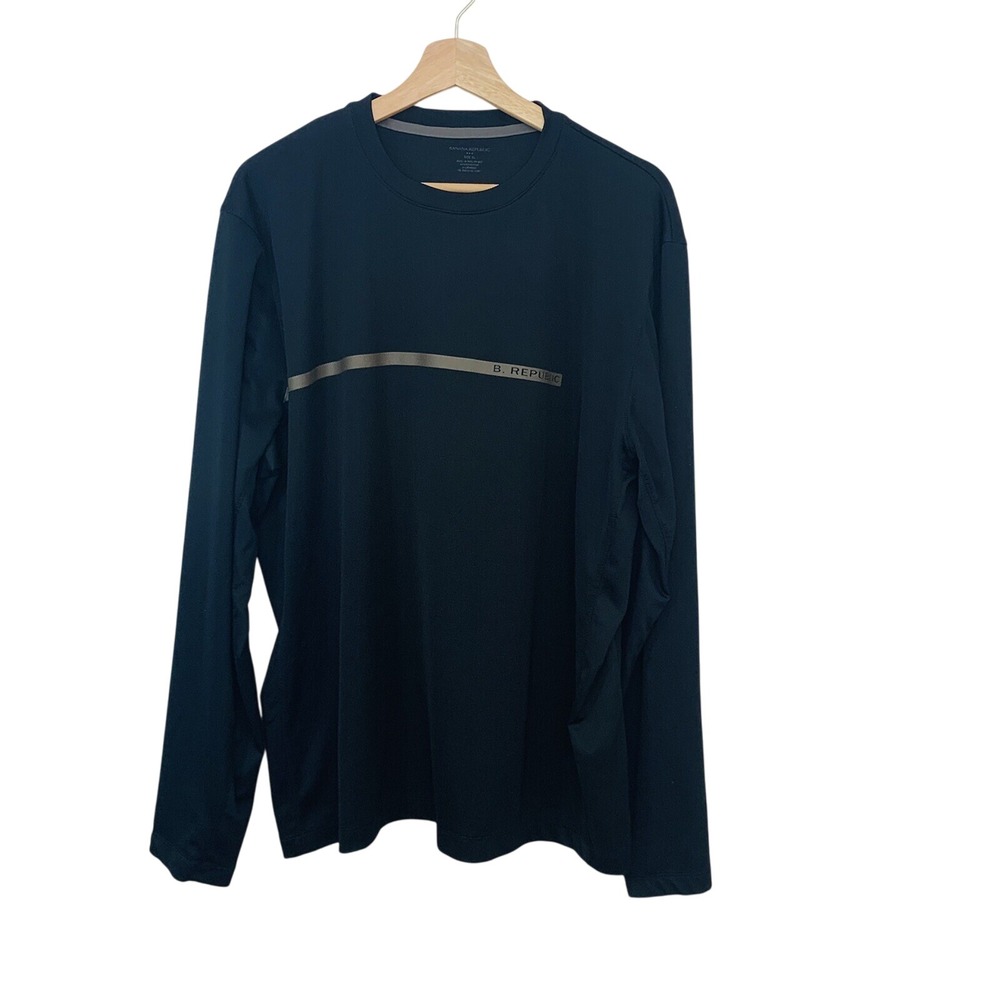 Banana Republic Long Sleeve Knit Polo XL Men Black Crew Neck Spell Out Stretch